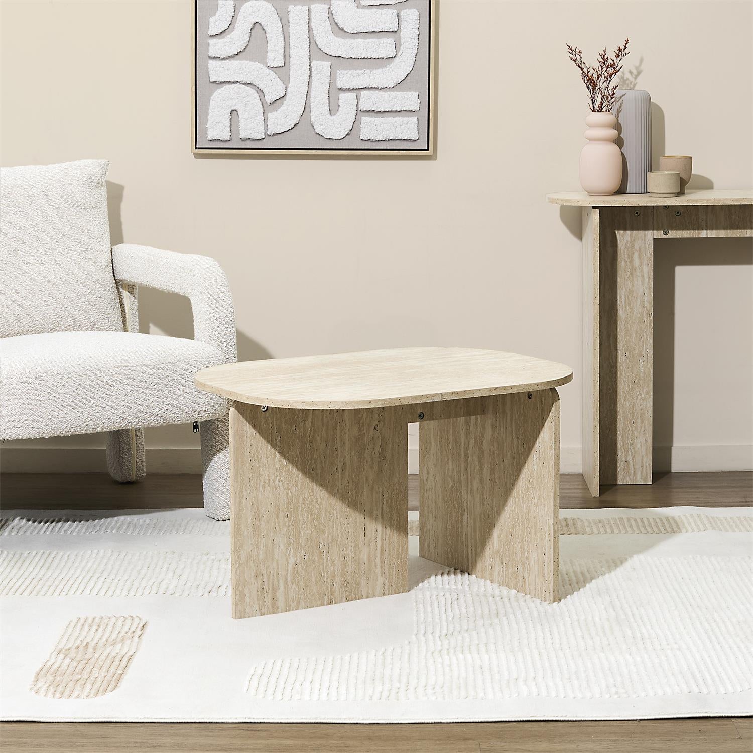 Stolik kawowy Umor owalny 72x53 cm nowoczesny trawertynowy